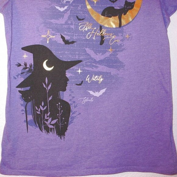 Witch T-Shirt Size L Moon Bat Cat Gold Foil Halloween All Hallows Eve Whimsigoth - Picture 3 of 5